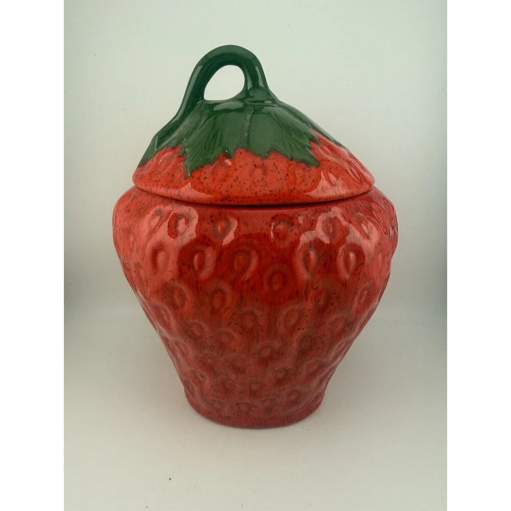 Vintage Red Strawberry Shaped Cookie Jar Canister w/ Leafy Lid 9” total height
